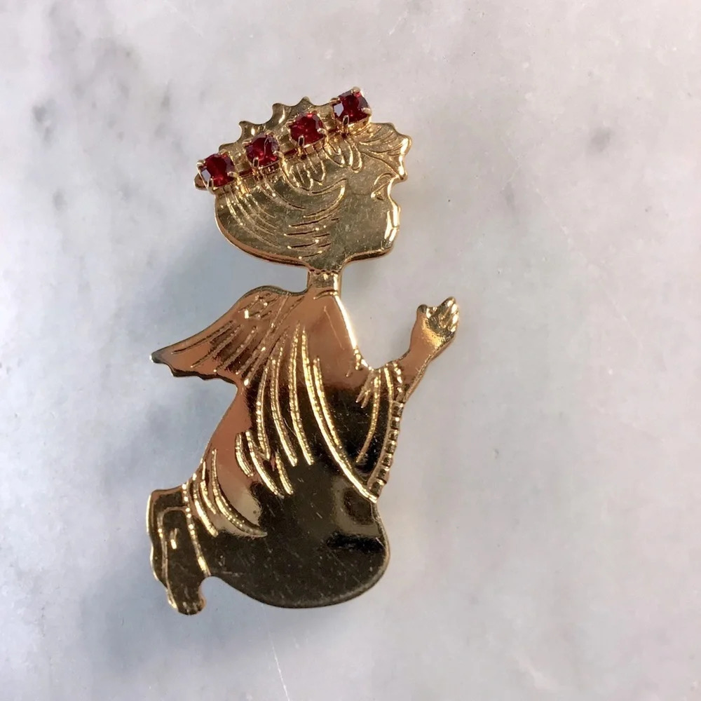 Vintage Praying Guardian Angel Ruby and Gold Metal Brooch
